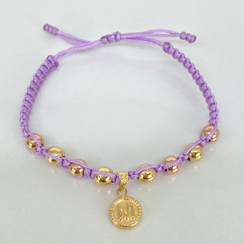 Pulsera tejida Dije Letra M / BL 8uni 5mm / Hilo Lila Oro amarillo y Oro rosa 18k 1,26 Gr *
