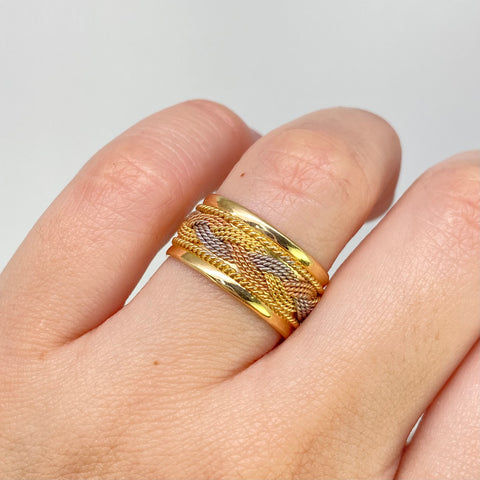 Anillo Argollas Trenzadas Entorchadas POR FABRICACIÓN Tres oros 18k / Talla 7 / 20 Gr *