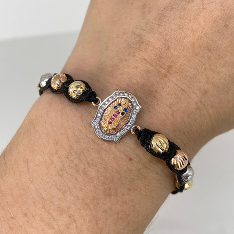 Pulsera tejida Herraje Virgen Guadalupe Circones / BD 14uni 6mm / Hilo Negro Tres oros 18k 3,94 Gr †