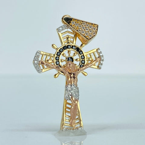 Dije Cruz Cristo Circones Blancos Negros Tres oros 18k 5,03 Gr / 4,4 Cm  *