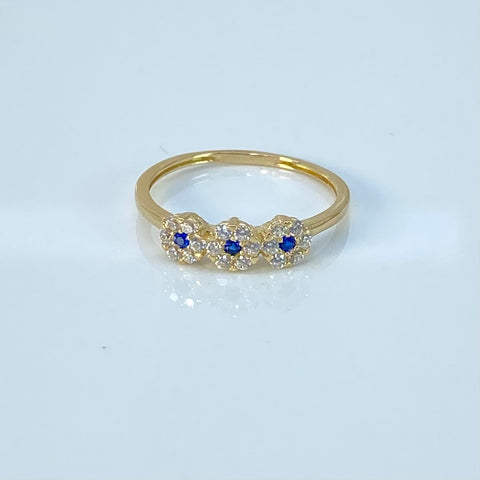 Anillo Flor Circones Blancos y Azules Oro amarillo 18k / Talla 7 1/4 / 1,75 Gr