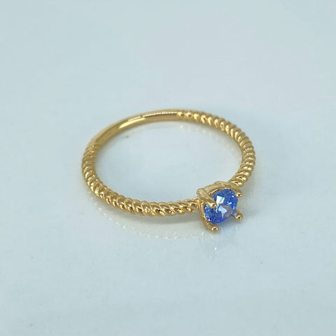 Anillo Solitario Entorchado Circon Azul Oro amarillo / Talla 6 1/4 / 1,57 Gr †