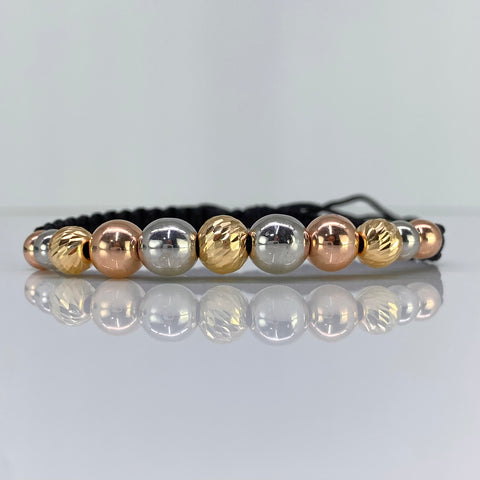 Pulsera tejida Bolas Lisas 8-  6 mm Y Diamantada 8 - 7 mm  Hilo Negro Tres oros 18k 2,97 Gr *