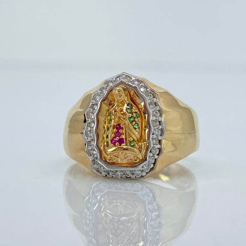 Anillo Contorno Virgen Guadalupe Circones Blancos Fucsias Y Verdes Oro amarillo y Oro blanco 18k / Talla 6 3/4 / 4,40 Gr *