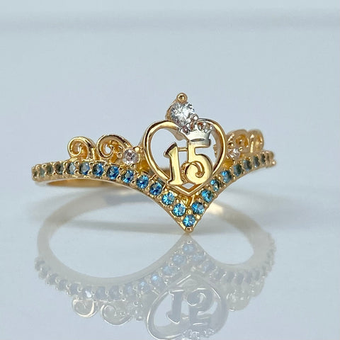 Anillo Tiara 15 Años Circones Azules Y Blancos Oro amarillo 18k / Talla 7 1/4 / 2,05 Gr