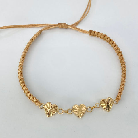 Pulsera tejida Heraje Corazones Diamantados / Hilo Beige Oro amarillo 18k 1,0 Gr *