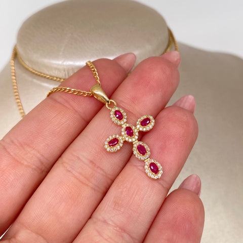 Set Cadena ● Cubana + Dije Cruz Circones Fucsia Oro amarillo 18k 3,2 Gr / 1,6 mm / 50 Cm *