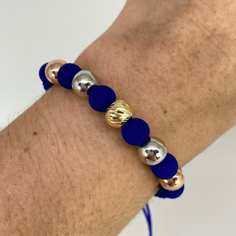 Pulsera tejida Bolas Lisas 8 mm Y Diamantada 8 mm / Neoprenos  Hilo Azul Tres oros 18k 1,73 Gr *