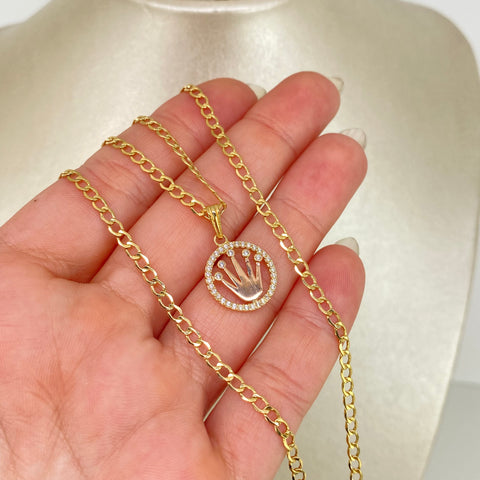 Set Cadena ● Cubana + Dije Corona RX Circones Blancos Oro amarillo y Oro rosa 18k 4,1 Gr / 2,7 mm / 45 Cm *