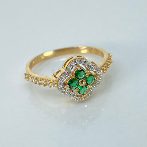 Anillo Trebol Circones Blancos Verdes Oro amarillo 18k / Talla 7 1/2 / 3,1 Gr