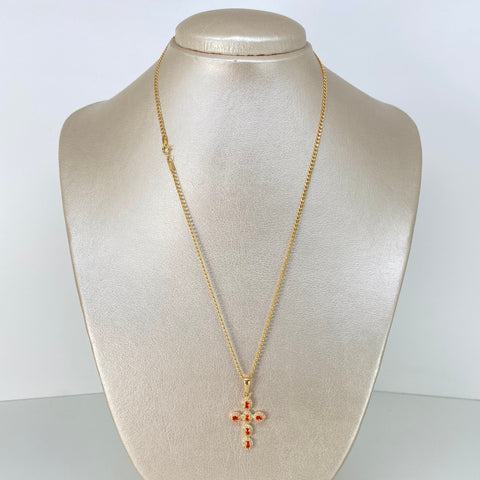 Set Cadena ● Cubana + Dije Cruz Circones Blancos Naranjas Oro amarillo 18k 3,7 Gr / 2 mm / 45 Cm †
