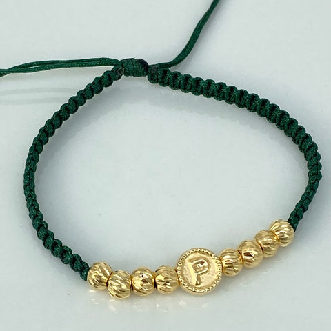 Pulsera tejida Herraje Letra P / BD 8uni mm / Hilo Verde Oro amarillo 18k 1,11 Gr *