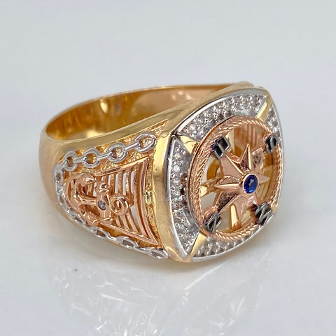 Anillo Brújula / Anclas Laterales Circones Blancos Tres oros 18k / Talla 10 / 9,64 Gr *