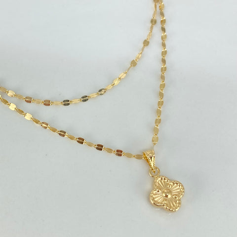 Set Cadena ● Flor Espejo + Dije Trebol Oro amarillo 18k 1,4 Gr / 1,5 mm / 45 Cm *