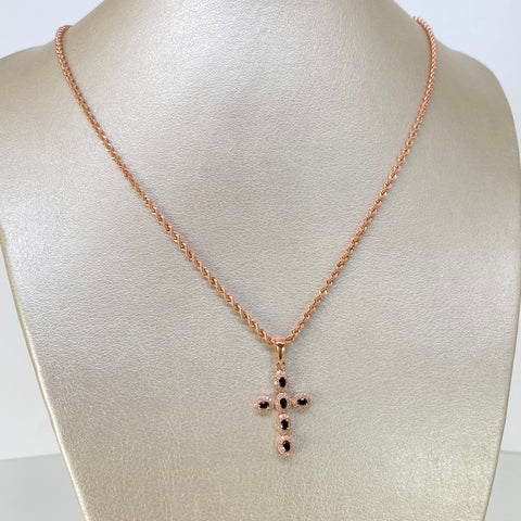Set Cadena  Lazo + Dije Cruz Circones Blancos Negros Oro rosa 18k 5,05 Gr / 2,2 mm / 50 Cm †