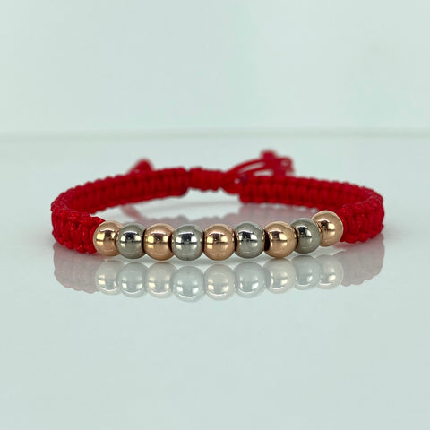 Pulsera tejida Bolas Lisas 9uni 5mm / Hilo Rojo Oro blanco y Oro rosa 18k 1,09 Gr *