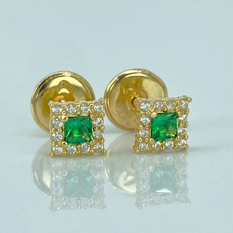 Topos Cuadrado Circones Blancos Verde Oro amarillo 18k 0,7 Gr / 4,3 mm