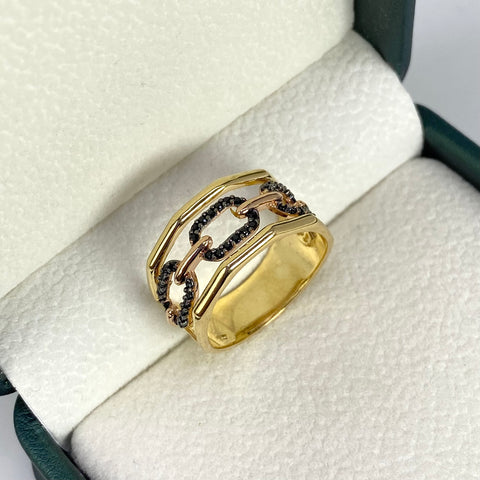 Anillo Cajon Circones Negros Oro amarillo y Oro rosa 18k / Talla 7 3/4 / 5,33 Gr *