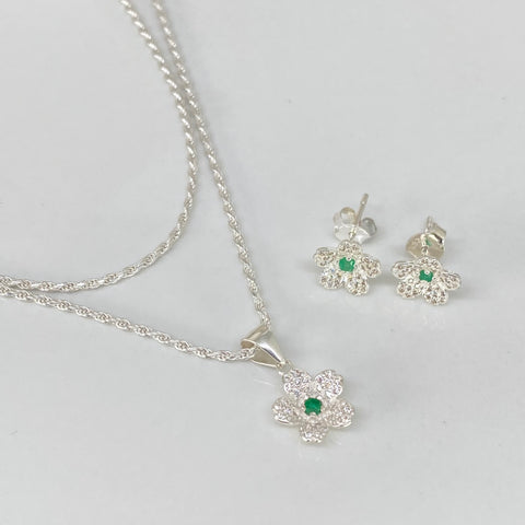 Set Cadena Lazo + Dije 10Pts Topos 1.8Pts Flor Esmeraldas Circones Plata 925 4,95 Gr / 1,3 mm / 45 Cm *