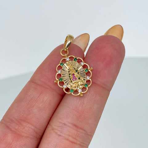 Dije Virgen Guadalupe Diamantada Circones Blancos Verdes Oro amarillo 2,62 Gr / 2,8 Cm †