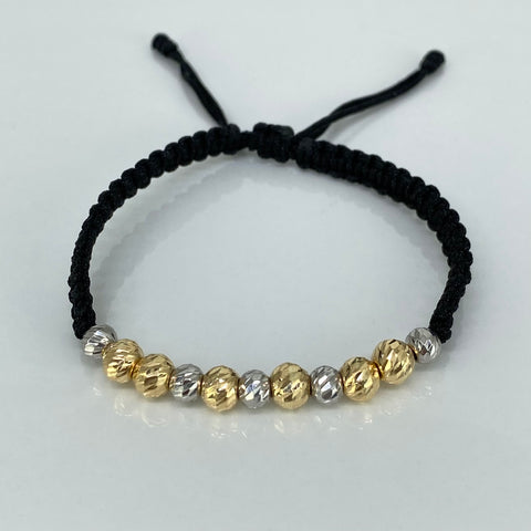 Pulsera tejida Bolas Diamantadas 11uni 6/5mm / Hilo Negro Oro amarillo y Oro blanco 18k 1,51 Gr *