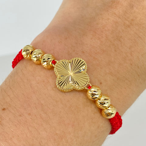 Pulsera tejida Herraje Trebol / BD 6uni 6mm / Hilo Rojo Oro amarillo 18k 3,03 Gr *