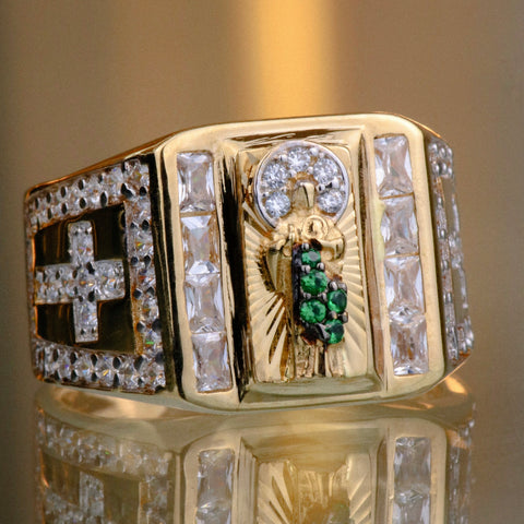 Anillo San Judas Circones Blancos Verdes Oro amarillo y Oro blanco 18k / Talla 10 / 9,37 Gr