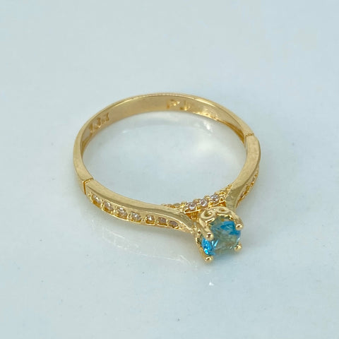 Anillo Solitario Circulo Circones Blancos Celeste Oro amarillo / Talla 6 1/4 / 1,81 Gr †