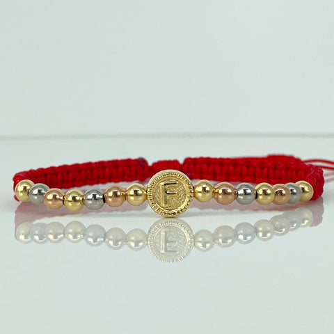 Pulsera tejida Herraje Letra F / BL 14uni 4mm / Hilo Rojo Tres oros 18k 1,47 Gr *