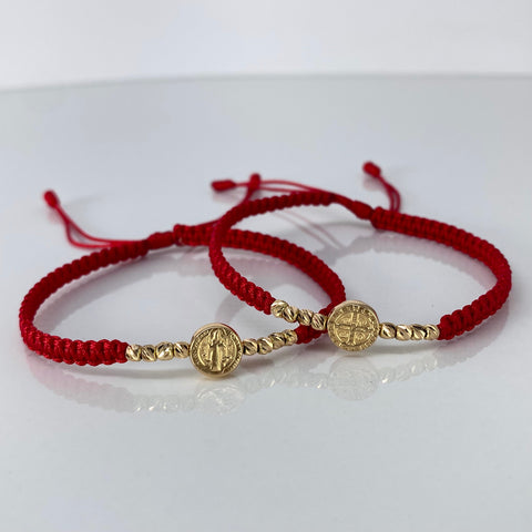 Pulsera tejida Pareja Herraje San Benito / BD 8uni 3mm / Hilo Rojo Oro amarillo 1,25 Gr *