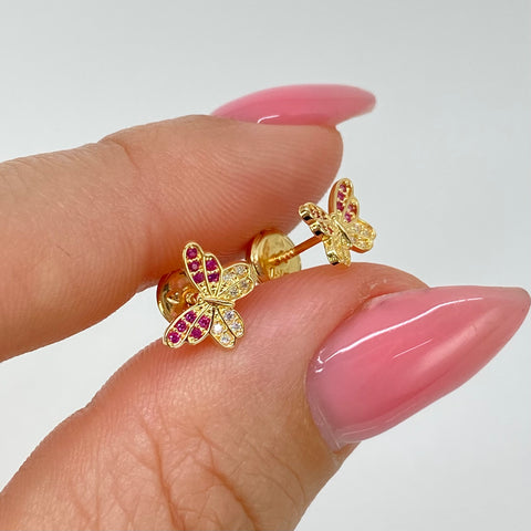 Topos Mariposa Circones Blancos Fucsias Oro amarillo 18k 0,95 Gr / 8,3 mm †