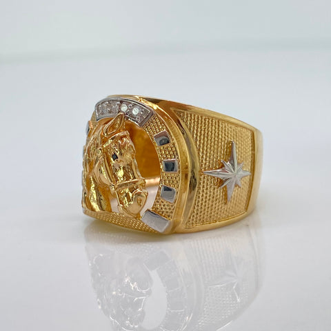 Anillo Herradura Caballo Circones Blancos Oro amarillo y Oro blanco 18k / Talla 11 / 7,55 Gr