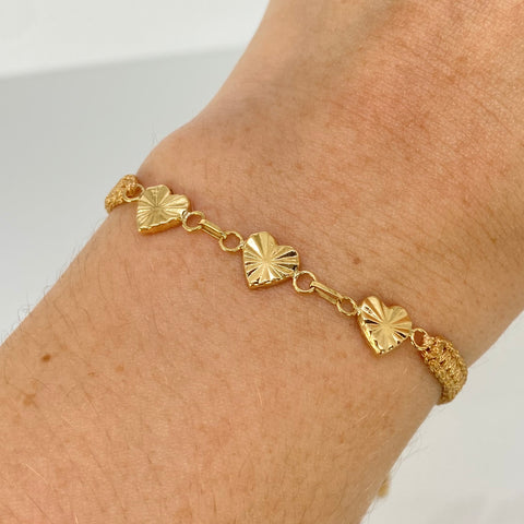 Pulsera tejida Heraje Corazones Diamantados / Hilo Beige Oro amarillo 18k 1,0 Gr *