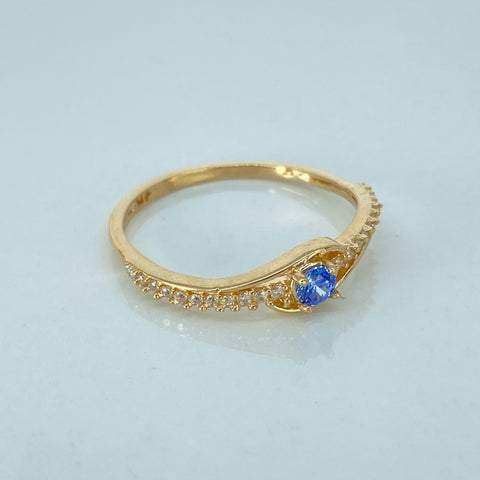 Anillo Solitario Circones Blancos Azul  Oro amarillo / Talla 7 1/4 / 1,72 Gr