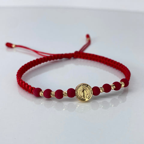 Pulsera tejida Pareja Herraje San Benito / BD 8uni 3mm / Hilo Rojo Oro amarillo 1,25 Gr *