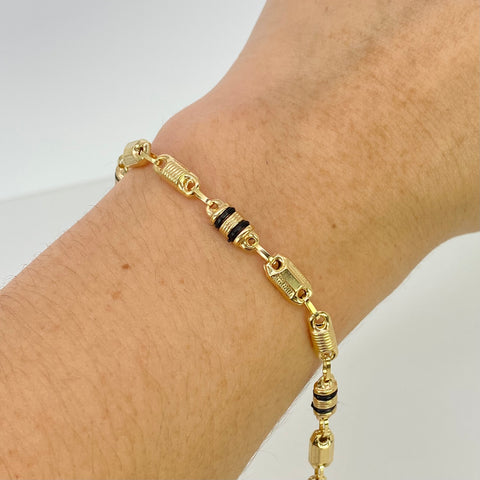 Pulso Rustico Eslabones Diamantada Cauchos Negros Oro amarillo 18k 4,57 Gr / 4,5 mm / 19,5 Cm †