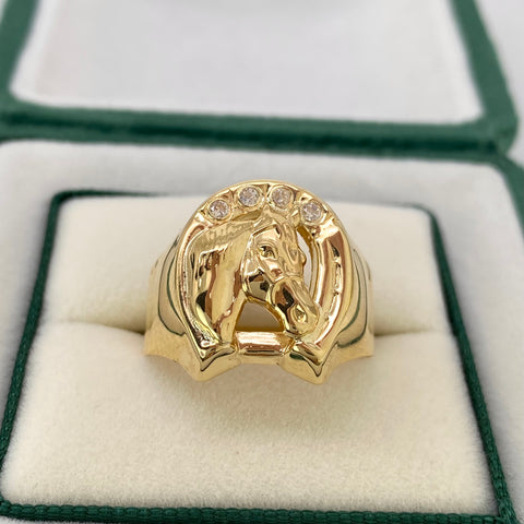 Anillo Herradura Caballo Circones Blancos Oro amarillo 18k / Talla 10 3/4 / 3,16 Gr