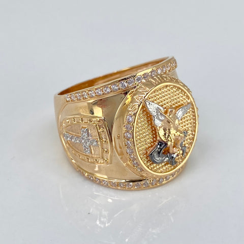 Anillo San Miguel Arcangel / Cruz Laterales Circones Blancos Oro amarillo y Oro blanco 18k / Talla 12 / 10,73 Gr *