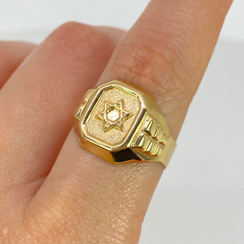 Anillo Sello Estrella De David Arenado Oro amarillo 18k / Talla 9 1/4 / 4,38 Gr