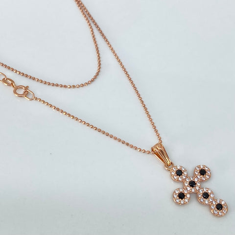 Set Cadena  Mini Militar + Dije Cruz Circones Blancos Negros Oro rosa 18k 3,4 Gr / 1 mm / 45 Cm †