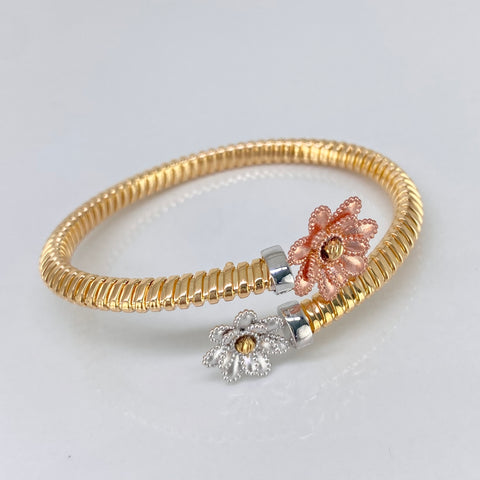 Pulso ● Aro Diamantado Flores  Tres oros 18k +3 / 15,8 Gr / 18 Cm *