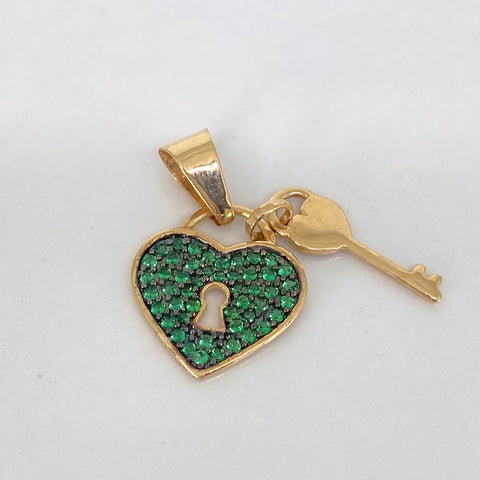 Dije Corazon Llave Circones Verdes Oro amarillo 18k 2,2 Gr / 2,3 Cm  *