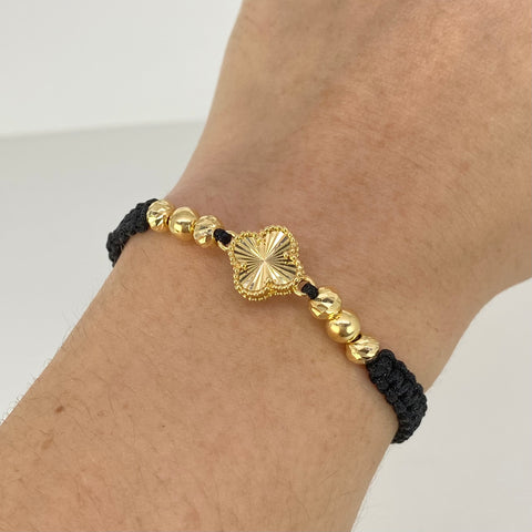 Pulsera tejida Herraje Trébol BD 6uni 5/3mm BL 5mm 2uni Hilo Negro Oro amarillo 18k 2,15 Gr *