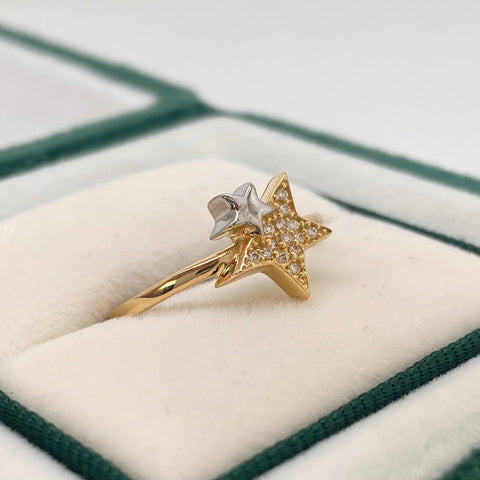 Anillo Estrellas Circones Blancos Oro amarillo y Oro blanco 18k / Talla 7 1/5 / 1,75 Gr