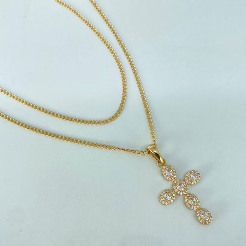 Set Cadena ● Cubana + Dije Cruz Circones Oro amarillo 18k 3,2 Gr / 1,6 mm / 50 Cm *