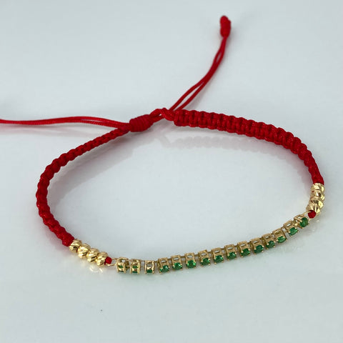 Pulsera tejida Herraje Circones Verdes / BD 8uni 3mm / Hilo Rojo Oro amarillo 1,19 Gr *