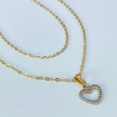 Set Cadena ● Rolon + Dije Corazon Circones Azules Oro amarillo 18k 1,58 Gr / 1,5 mm / 50 Cm *