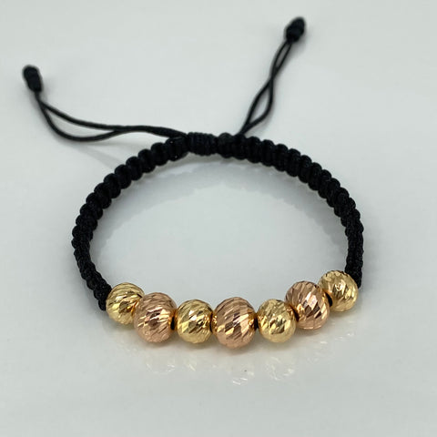 Pulsera tejida Bolas Diamantadas  7uni 8/7mm / Hilo Negro Oro amarillo y Oro rosa 18k 1,95 Gr *