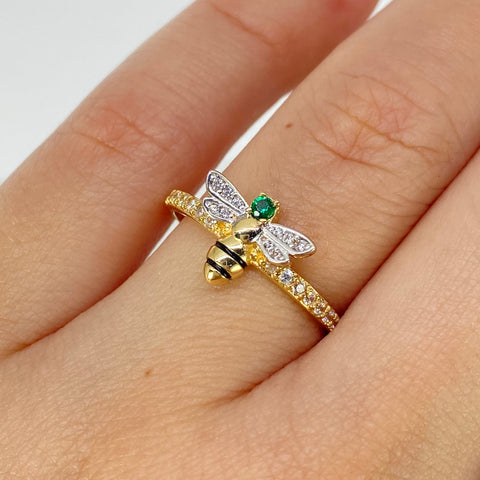 Anillo Abeja Circones Blancos Verde Oro amarillo y Oro blanco 18k / Talla 6 3/4 / 1,9 Gr *