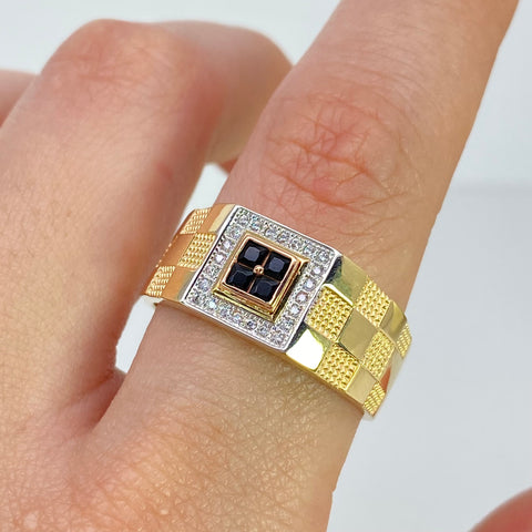Anillo Cuadro Sello Ajedrez Circones Blancos Y Negros Oro amarillo y Oro blanco 18k / Talla 10 3/4 / 7 Gr